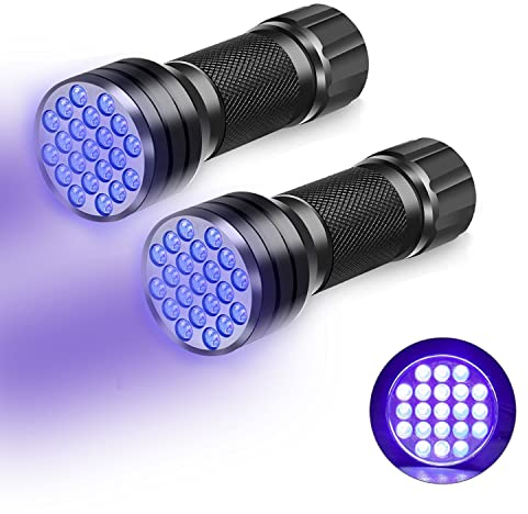 CAM2 Torcia elettrica, 2 pezzi, mini torcia UV con 21 LED, luce ultravioletta da 395 nm per geocaching, rilevatori di urine di animali domestici (senza batteria)