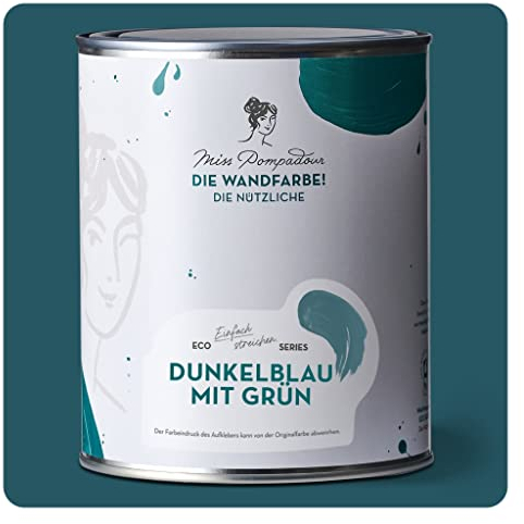 MissPompadour abwaschbare Wandfarbe Dunkelblau mit Grün 1L - hohe Deckkraft & Ergiebigkeit - matte, scheuerbeständige Innenfarbe - geruchsarm, wasserbasiert, atmungsaktiv - Die Nützliche