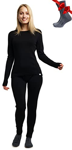 Merino.tech Conjunto Lana Merino Mujer - Termica Lana Merino con Calcetines (Small, 320 Negro)
