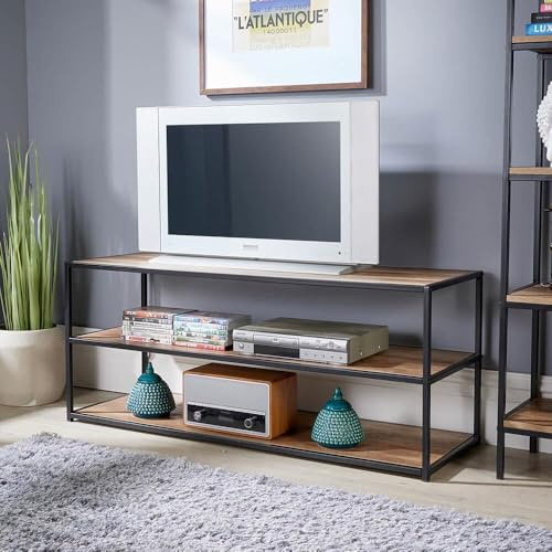 Home Source Compact TV Unit Media Stand, Open Storage Shelves, Black Metal Frame, Oak Effect Finish, 120cm