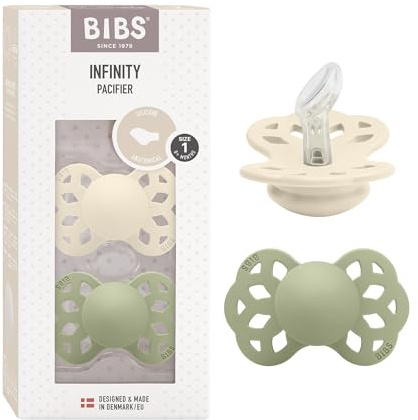 BIBS Infinity Anatomischer Schnuller Zweierpackung, bisphenol-A frei, anatomischer Silikonsauger, Kiefergerechte Form. Silikon, 0-6 Monate (2er Pack), Ivory/Sage