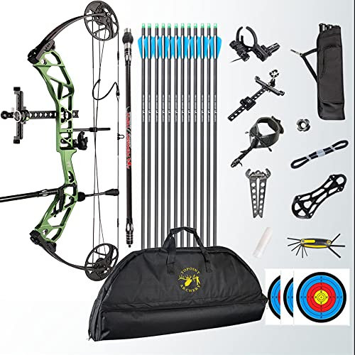 HNZMDY Bogenschießen Compound Bogen und Pfeil Kit 19-70Lbs Wettkampf Sport Jagdbogen 19-30 Auszugslänge 320fps Speed Compoundbögen mit Allem Zubehör für Erwachsene und Jugendliche (Olivgrün)