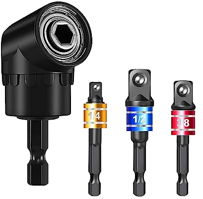 105° Winkelschrauber Vorsatz Adapter 1/4 Bohrer Sechskantschaft + 3 tlg Stecknuss Adapter (1/4, 1/2, 3/8) Sechskant Steckschlüssel Schraubenschlüssel Nuss Set Adapter