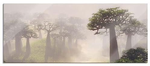Tableau panoramique en verre véritable - Forêt mystérieuse dans la brume - 100 x 40 cm - Avec suspension et entretoises