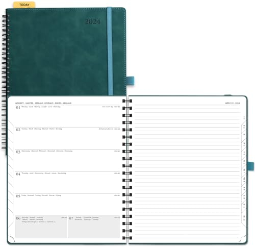 POPRUN Kalender 2024 Buchkalender Wochen-Notiz Terminplaner 26,5 x 21 cm (Jan.2024-Dez.2024) - Terminkalender 2024 Wochenplaner Ringbuch mit PU-Leder Softcover, 100 GSM Papier - Petrolgrün