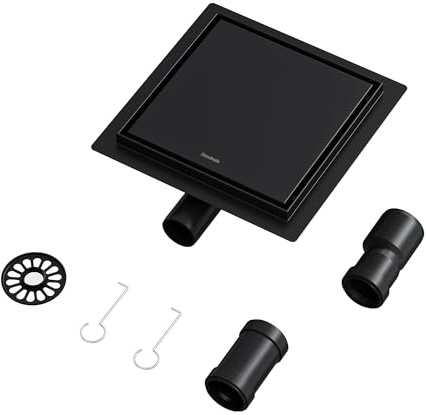 Neodrain Bodenablauf Dusche Edelstahl Duschrinne Quadrat Schwarz 20 x 20 cm 2 in 1 Duschablauf mit 360° Siphon, Geruchsverschluss und Haarfilters