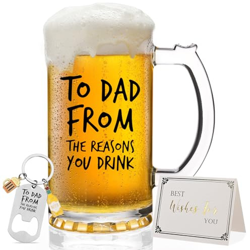 Joymaking Beer Tankard For Dad, 500ml Glass Beer Mug With Handle, Fathers Day Gift From Daughter Son, Funny Present With Keychain And Card