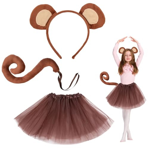 EUPSIIU 3 stycken apor-kostym, apaöron djur, pannband, apor, lång svans flicktutu-set, apadräkt för barn, flickor, maskeraddräkt, halloween, karneval, djur, hårband, cosplay (apor)