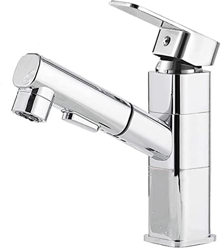 Wasserhahn Bad für Waschbecken Ausziehbar Badarmaturen Mischbatterie Waschtischmischer mit Brause 2 Wasserstrahlarten Einhebelmischer Waschtisch Chrom Eckig Niedrig Armatur für Waschbecken