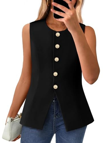 BTFBM Summer Sleeveless Blazer Vest For Women Dressy Button Down Round Neck Business Casual Outfits Work Suit Vests Tops(Black, Medium)