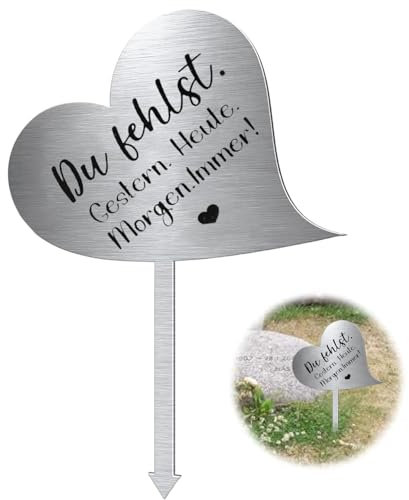 Onperpoe Decorazione per tomba in acciaio inox a forma di cuore con scritta Du Fehlst. Ieri