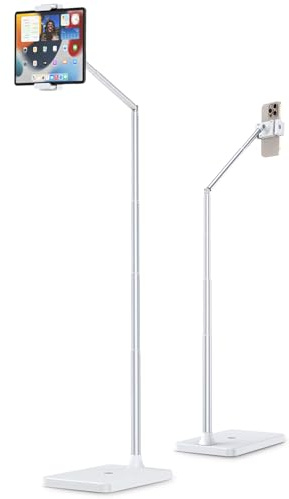 Viozon Tablet-Bodenständer, Höhe & Winkel verstellbar mit Arm aus Aluminiumlegierung, 360° drehbar, ideal für Bett, Sofa oder Nachttisch, kompatibel mit 3,5-11 Zoll iPad Pro/Air/Mini, iPhone 15/14