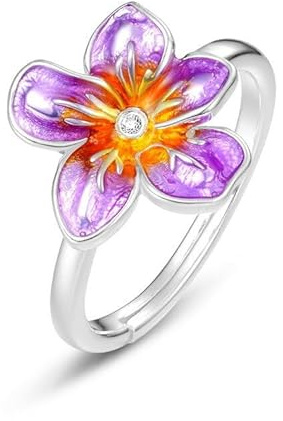 URONE Orchid Enamel Flower Ring 925 Sterling Silver Purple Orchid Flower Adjustable Open Rings Colorful Blossom Floral Jewellery Gifts for Women
