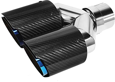 Krtopo 60mm (2,36) Einlass Doppelendrohr Auspuffspitzen Edelstahl & Carbon Auspuffspitzen mit Bolt-On 89mm (3,5) Auslass Auspuff Sound Booster Universal Auto Schalldämpfer (Glänzend Schwarz Blau)