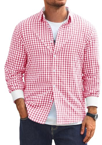 Runcati Men's Checked Long Sleeve Casual Shirt Regular Fit Traditional Shirt Oktoberfest Button Down Shirts Non-Iron Casual Shirt, pink, 5XL