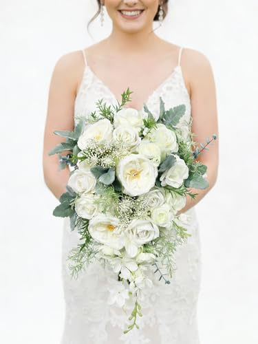 Rinlong 10.6 Inch Dusty Green White Artificial Cascading Wedding Bouquets for Bride Cascade Bridal Bouquet for Wedding Silk Flowers
