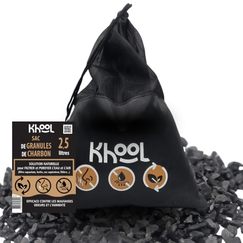 KHOOL - Charbon Actif Granulés 2,5L - Charbon de Bambou Filtration Aquarium et Air - Granules Absorbantes Haute Capacité - Purification Eau Bassin et Filtre - Format Économique - Origine France