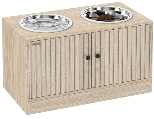 PawHut Gamelles pour Chiens surélevées, Porte-gamelles surélevé avec Rangement de 40L, 2 Bols en Acier Inoxydable de 2L, Alimentation Lente, antidérapante, Convient aux Grands Chiens, chêne