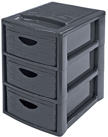 Petite Tour de Rangement - Plastique Anthracite - 3 Tiroirs - Aspect Osier Tressé - A5, Haut. 29 cm - Organisateur Pratique - Cosmétiques, Bijoux, Accessoires, Bureau, Maison - M home by Mazzei Mondex