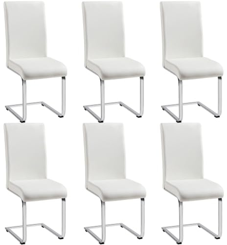 Yaheetech Lot de 6 Chaises de Salle à Manger Cantilever Similicuir Blanc | Assise renforcée 10 cm, hauteur d'assise 50 cm, pieds en acier chromé, capacité 135 kg, montage facile, pour salle à manger