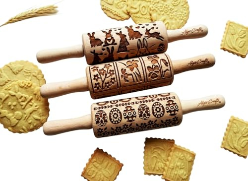 OSTERN 3-er SET Minik Nudelhölzer Teigrolle für hausgemachtes Gebäck. Nudelholz mit muster. Gravierte Nudelholz von Algis Crafts