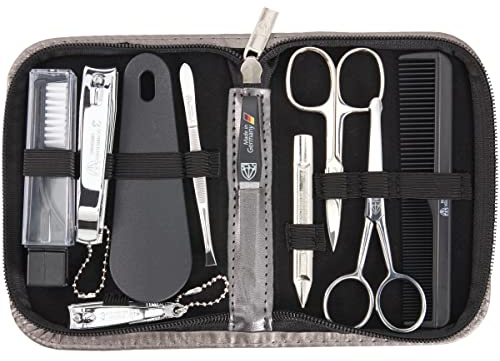 DREI SCHWERTER - Germany 10-tlg. Maniküreset | Nagelpflegeset für Herren im silbernen Kunstlederetui| 'Monza' | Inhalt: Nagelschere, Kamm, Nasenschere, Saphirnagelfeile, Nagelknipser, Fußnagelknipser