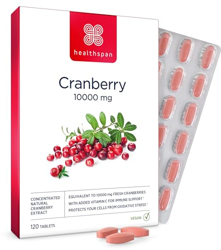 Healthspan Cranberry 10.000 mg | Hochwirksame Preiselbeeren | Mit zusätzlichem Vitamin C für das Immunsystem | Förderung der Harnwegsgesundheit und Antioxidative Wirkung | Vegan | 120 Tabletten