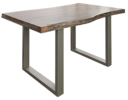 MASSIVMOEBEL24.DE | Freeform 5 Baumkantentisch aus Akazienholz - grau lackiert | U-Beine in Silber matt | 140x90x77 cm | Massivholztisch Baumkantentisch Esstisch