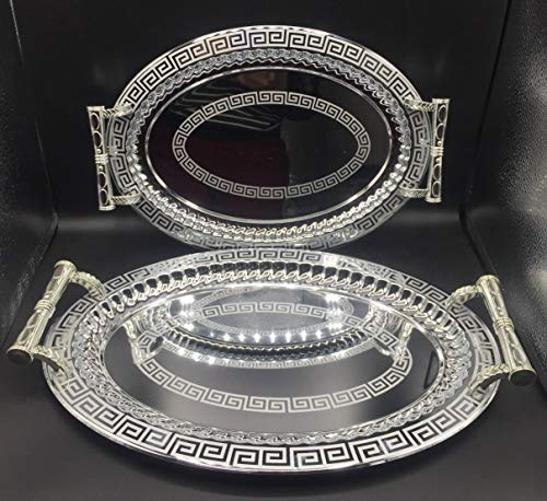 Set di 2 vassoi da tè ovali in stile vintage, realizzati a mano in argento con dettagli marocchini dorati