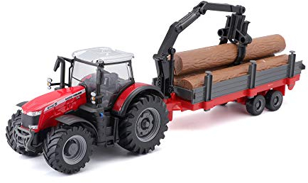 Bburago MASSEY FERGUSSON 8740S TRACTOR WITH LOG TRAILER – 10CM – Incredibly Detailed Die-Cast Replica Collectible Model Vehicle, Red