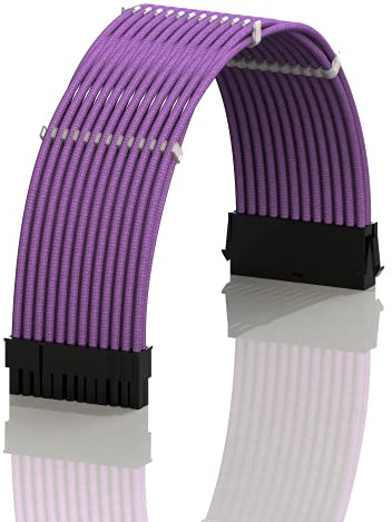 LINKUP - AVA 30cm ATX 24 Pin (20+4) Motherboard PSU Braided Sleeved Power Supply Extension Cable w/Combs | Strong & Stiff Design | Single Pack | 300mm - Purple