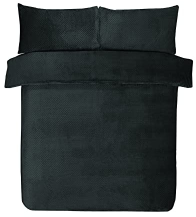 Sleepdown Waffle Fleece Thermal Warm Cosy Super Soft Duvet Cover Quilt Bedding Set with Pillow Cases - King (220cm x 230cm) - Black