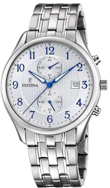 FESTINA Herrklocka F6854/A Timeless Chronograph 316l rostfritt stål armband fodral silver, vit, klassisk, Vit, Klassisk