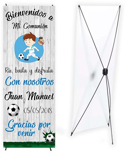 Cartel Comunión Futbol niño con Soporte 60 x 160 cm. Decoración comunión, Photocall Personalizado con Nombre y Fecha. Fabricación Española, Banner de Bienvenida