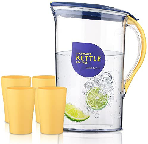 Berglander Karaffe, Wasserkrug Kühlschranktür mit Deckel 2,1L mit 4 Tassen perfekt für die Zubereitung von Tee, Saft und kalten Getränken, BPA-freie transparente Glasfaserkanne