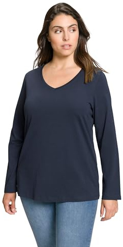 Ulla Popken Maglietta Basic da Donna, Scollo a V, Sottile, a Maniche Lunghe, Blu Marino, 50/52, Blu Marino, 56/58