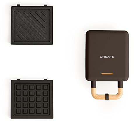 CREATE/STONE STUDIO/Sandwichera-Grill y gofrera individual negro / 2 placas intercambiables: Sandwich y Gofre, antiadherente, 1 rebanada, apertura 100º, autoapagado, asa tacto frío, 600W