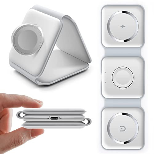 Magnetic Wireless Charger,Foldable Travel 3 In 1 Wireless Charging Station 15w Mag-Safe Wireless Charger Stand Compatible with iPhone 15/14/13/12/11/Pro/Max/X/XS/XR, Apple Watch and Airpods (White)