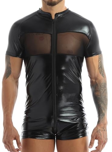Doomiva Catsuit en Cuir Sexy Hommes Gilet sans Manches en Latex de Conception PU Zipper Vêtements de Fête de Club Adulte Noir L