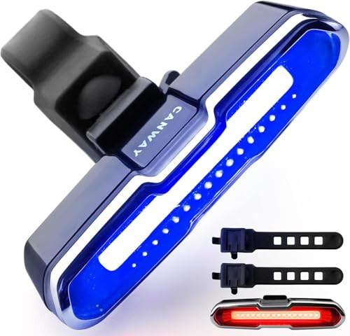 CANWAY Bicycle Rear Light Red Blue, Bike Tail Light Rechargeable 168 Lumens Bike Tail Light Battery USB C 500 mah 5 Modes Waterproof Safety for Road Mountain Night Riding