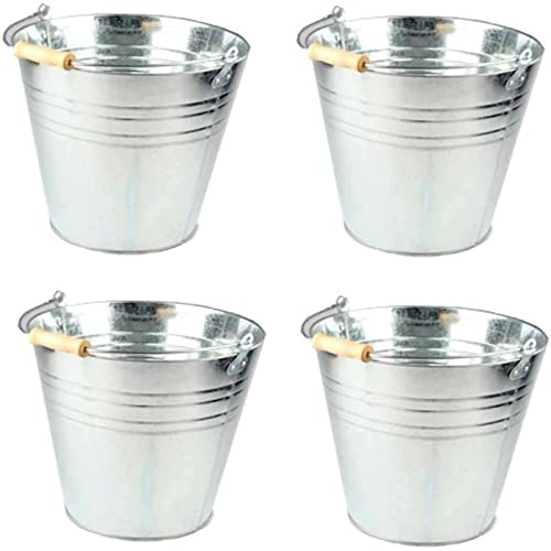 Tradineur – Pack de 4 Cubos de Metal galvanizados de 8 litros, de 24 x 19,0 cm, con Mango de Madera para Limpieza, jardinería, hogar… Balde de Metal, cubeta, barreño Metalizado