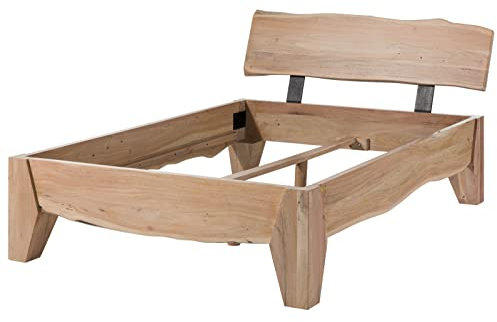 MASSIVMOEBEL24.DE | Pure Acacia massives Holzbett #312 - Natur lackiert | aus Akazien-Holz | mit gewinkeltem Kopfteil | mit Beinen | 140cmx200cm | Massivholzbett Einzelbett