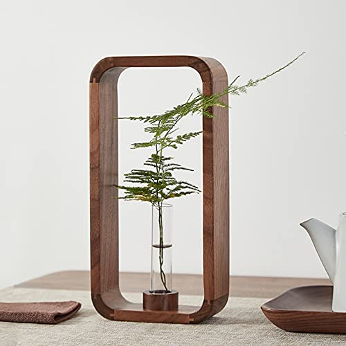 TREELF Jarrón de vidrio transparente jarrón de tubo de ensayo hidrófilo para plantas, soporte para plantas, marco de madera de nogal, soporte para flores, jardín de mesa, decoración de bonsái, regalos