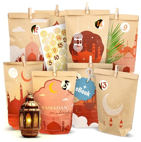AMARI ® Ramadan Tüten (30 Stück inklusive Sticker & Klammern) - Ramadankalender zum Befüllen - Ramadan Kalender Tüten - Ramadan Kalender Bastelset