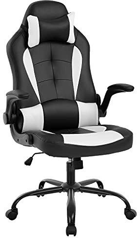 BestOffice Gaming Chair Ergonomic Office Chair Desk Chair with Lumbar Support Flip Up Arms Headrest PU Leather Executive High Back Computer Chair for Adults Women Men (White)