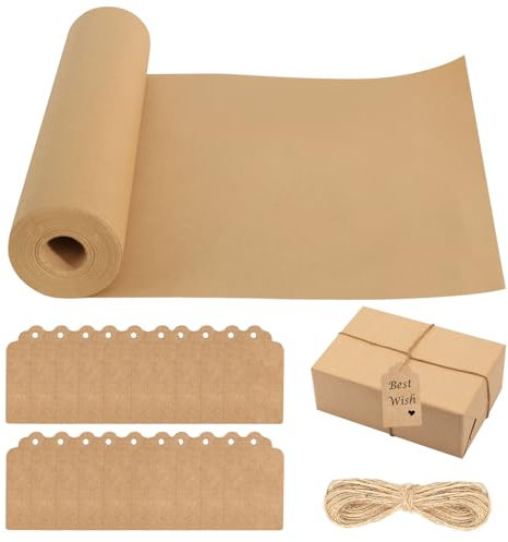Braun Packpapier Kraftpapier Rolle, 30cm x 30 m Packpapier rolle Kraftpapierrolle mit 20 M Schnur 100 Karten, Geschenkpapier Geschenkverpackung Verpackung für Kunsthandwerk Geschenk