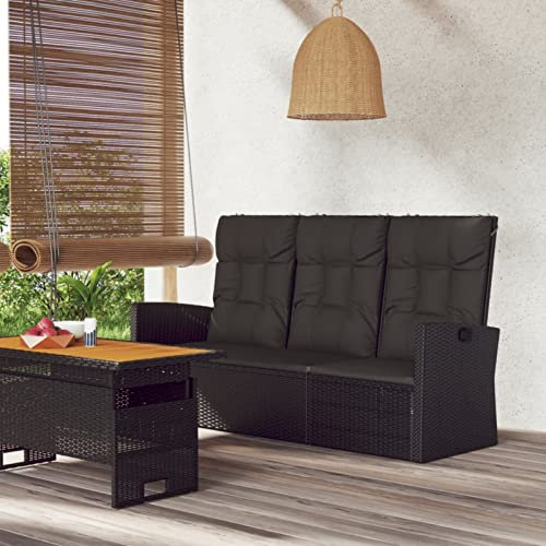 Homgoday Gartenbank mit Liegefunktion & Kissen Schwarz 173cm Poly Rattan Gartenmöbel Model362183
