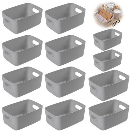 EUZLABBY 12Pcs Cestas Almacenaje Plástico,Cajas Almacenaje 2 talla(24,5x17,5x10cm)+(20x14x7cm),Cajas Organizadoras con Asas,Cajones Almacenaje para Cocina,Oficina,Cosmético,Baño,Juguetes.(Gris)