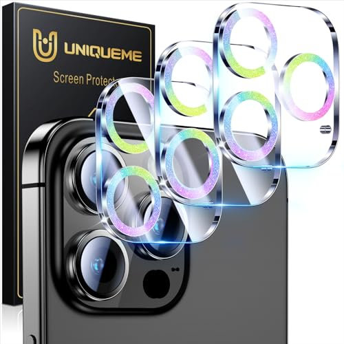 UniqueMe for 3 Pack iPhone 15 Pro/iPhone 15 Pro Max Camera Lens Protector, [Drop Protection] [Case Friendly] 9H Tempered Glass Camera Cover Screen [Update New Version] - Glitter Colorful