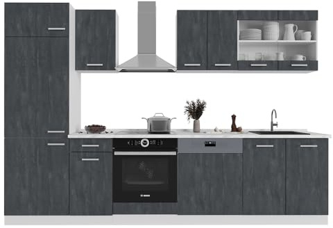 Vicco Küchenzeile R-Line, Schwarz Beton/Weiß, 300 cm ohne Arbeitsplatte, zur individuellen Anordnung und Erweiterung der Module geeignet